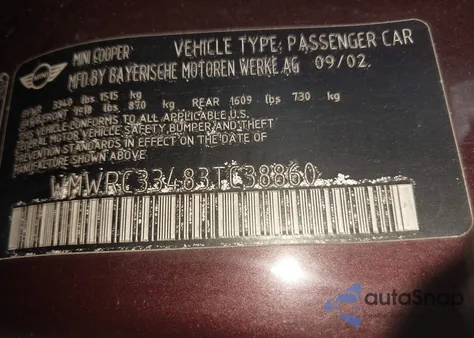 2003 Mini Cooper from USA, damaged, VIN WMWRC33483TC38860